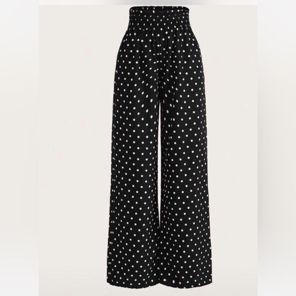 Black Wide-Leg Polka Dot Pants